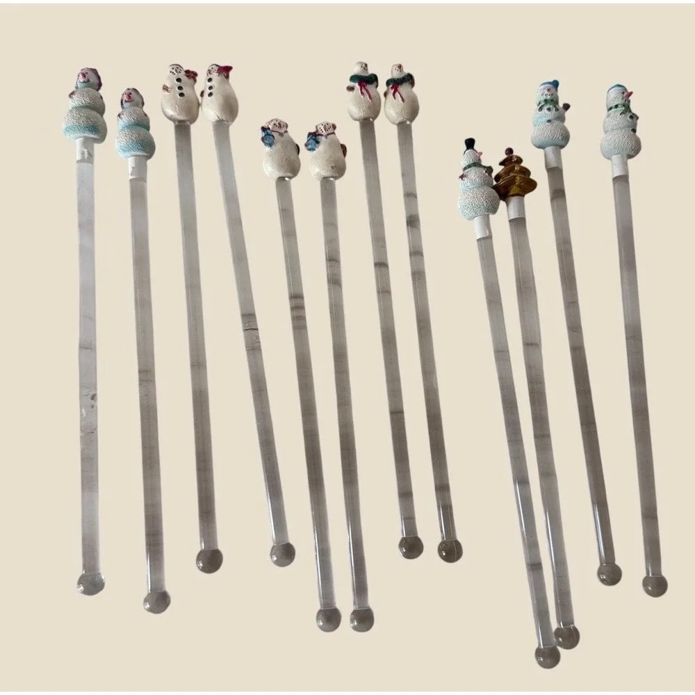 Vintage Snowman and‎ Christmas Tree Glass Swizzle Sticks Set 12Holiday Stirrers